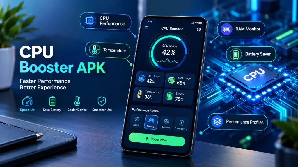 CPU Booster Mod APK helps optimize Android performance with customizable profiles, temperature monitoring, one-tap boosting, and battery-saving features.