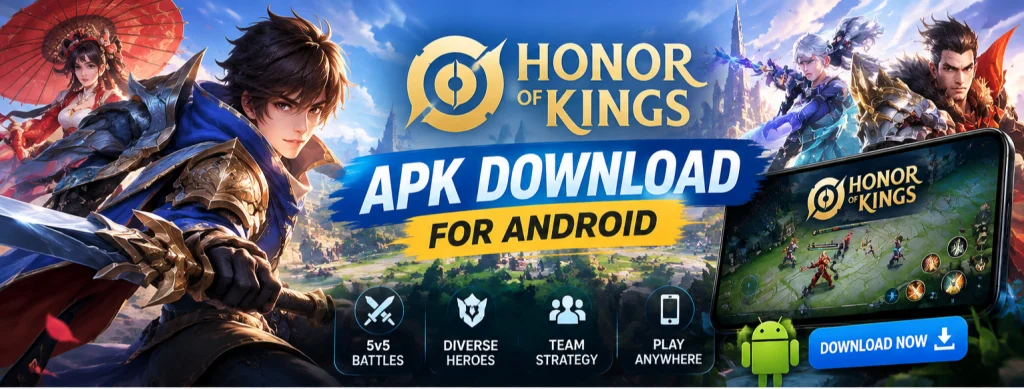 Get the latest Honor of Kings APK for Android and enjoy strategic 5v5 battles, diverse heroes, multiplayer gameplay, regular updates, and immersive graphics.